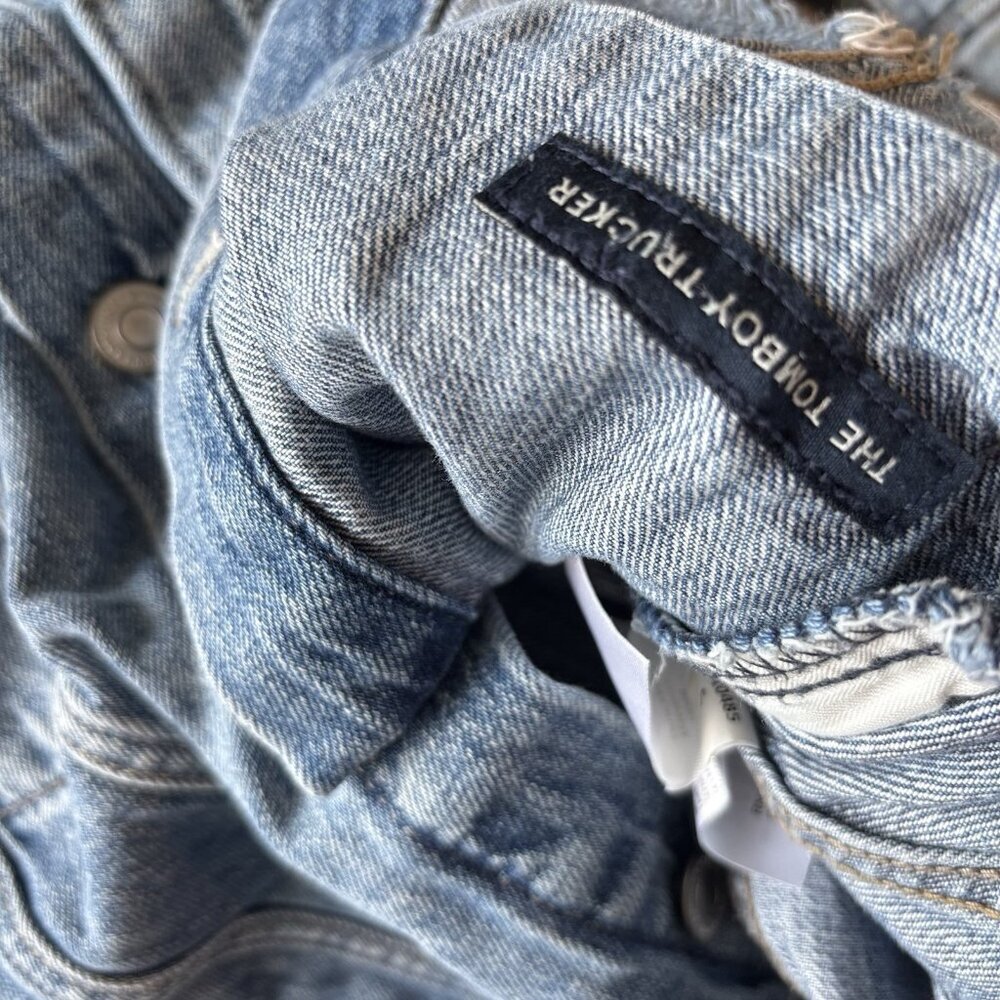 Lucky Brand Denim Tomboy Trucker Jacket Frayed Hem Size Small Boho Casual Grunge - Picture 9 of 14